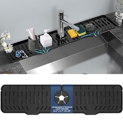 24" Splash Guard Plus Size Silicone Sink Faucet Drying Mat Handle Drip Catcher Tray Dish Sponge Holder Kitchen Accessories Protector Home Organization Gadgets Organizer - size: Black: 23.4"x5.7"