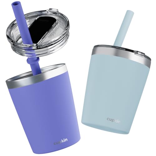 CUPKIN Baby Sippy Cups for Toddlers, The Original 8 oz Stackable Stainless Steel Baby Cup, Set of 2 Powder Coated Insulated Sippy Cup & BPA Free Lids + Reusable Silicone Straws (Aqua + Periwinkle) - color: Aqua + Periwinkle, size: 8 Fl Oz (Pack of 2)