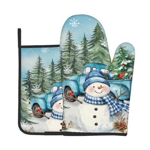 Giwawa Winter Snowman Blue Oven Mitts and Pot Holder Set of 2 Xmas Truck Decorative Heat Resistant Kitchen Gloves Hot Pad for Baking Cooking Gift - color: Blue Snowman Truck