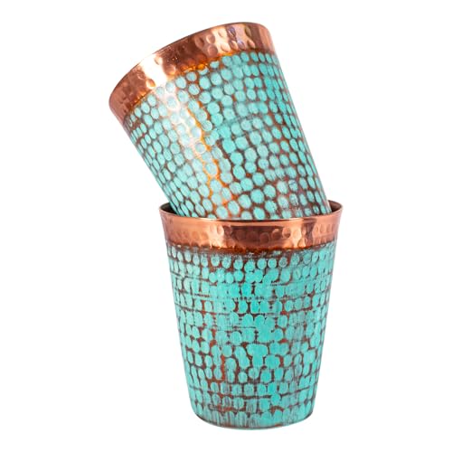 Handcrafted Copper Cups Set - 4 Unique 15 oz Tumblers for Wine & Water | Copper Water Bottle | 100% Authentic Santa Clara, Mexico Craftsmanship | Eco-friendly Gift for Health Enthusiasts - color: Turquoise