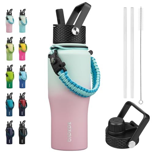 BJPKPK 23oz Insulated Water Bottle with Straw Lid, Stainless Steel Bottle | Vacuum Insulated with Straw Lid & Spout Lid, Paracord Strap, Keep Cold & Hot, Leak-Proof, BPA-Free, for Gym, Hiking, Travel - color: Marshmallow, style: 23oz