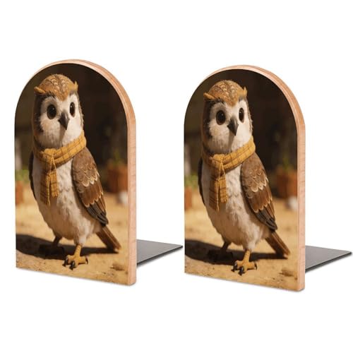 Checked Little Warm Owl Book Ends for Shelves Decorative Wooden Bookends Heavy Duty Non-Skid Book Stopper Modern Book Holder Cute Book Organizer for Home Office Library Desk Decor