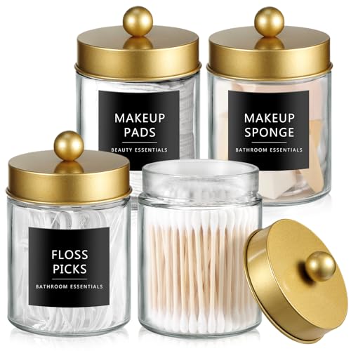 SheeChung 4 Pack Glass Qtip Holder with Gold Stainless Steel Lids | Apothecary Jars with Stickers, Countertop Canister Guest Bathroom Storage Organizer Set for Cotton Swabs/Balls, Floss Picks - color: Gold, size: 4 pack