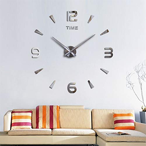 Large DIY Wall Clock Kit, 3D Modern Frameless Wall Clock with Mirror Number Stickers for Home Living Room Bedroom Office Decoration-Silver 022 - color: Silver