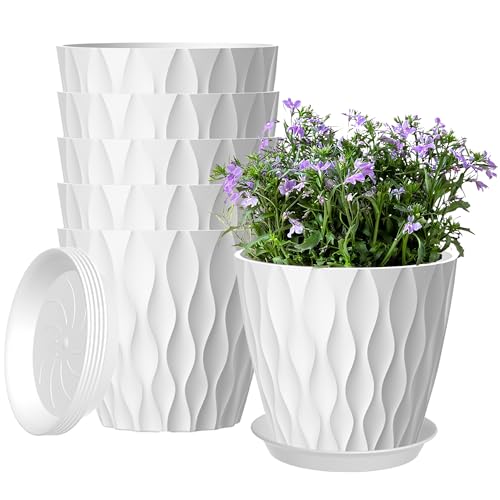 6 Pack 7 Inch Plant Pots with Drainage and Saucers, White Plastic Flower Pots for Indoor and Outdoor Plants, Stackable Nursery Planters for Houseplants and Herbs, White - color: White, size: 6 Pack 7 Inch