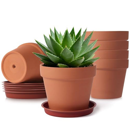 KOAMLY 6 PCS Clay pots and Plates, 5-inch red Clay pots with Drainage, Perfect for Indoor, windowsill, and Garden Plants