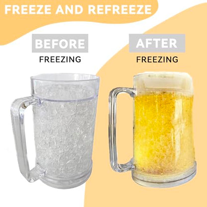 Lily's Home Freezer Beer Mugs with Handles, 16 oz Set of 4 – Clear Frosted Double Wall Insulated Acrylic, Gel-Filled, Break-Resistant for Home Bar, Pool Parties, BBQ & Outdoor - style: With handle(16oz)