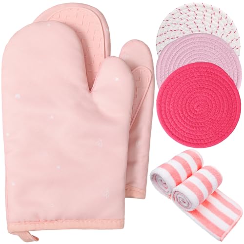 Zubebe Pink Oven Mitts and Pot Holders with Kitchen Towels Set of 7, Valentine's Day Gift for Women Heat Resistant Oven Gloves Kitchen Hand Towels Hot Pads for Cooking Baking(Heart) - style: Heart
