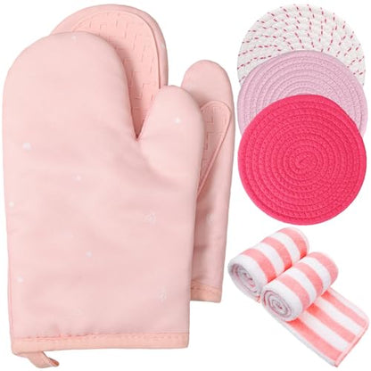 Zubebe Pink Oven Mitts and Pot Holders with Kitchen Towels Set of 7, Valentine's Day Gift for Women Heat Resistant Oven Gloves Kitchen Hand Towels Hot Pads for Cooking Baking(Heart) - style: Heart