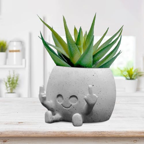 Smiling Plant Pot with Middle Fingers Up, Face Planter Pot Resin Flower Planters for Indoor Outdoor Plants Succulent Pots for String of Pearls Plant Live Gift Ideas for Mother (White) | Resin Face Planters for Indoor Outdoor, Unique Flower Pots with Drain