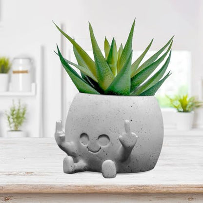 Smiling Plant Pot with Middle Fingers Up, Face Planter Pot Resin Flower Planters for Indoor Outdoor Plants Succulent Pots for String of Pearls Plant Live Gift Ideas for Mother (White) | Resin Face Planters for Indoor Outdoor, Unique Flower Pots with Drain