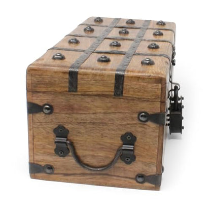 Treasure Chest Wooden Box with Antique Iron Lock and Skeleton Key (Medium 12.5x6x5.5) - Storage and Decor – Pirate Chest, Decorative Storage Chest with Hinged Lid, Wood Treasure Box - size: Medium 12.5 x 6 x 4.5"
