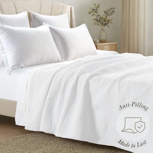 Threadmill Luxury Cotton Blankets for Queen Size Bed | All-Season 100% Cotton Queen Size Blanket | Aster Jacquard Cozy Lightweight, Soft Breathable Coverlet fits Full Size Bed, 90x92 | White | 100% Cotton, Jacquard Pattern, 90x92 in, Breathable, All-Seaso