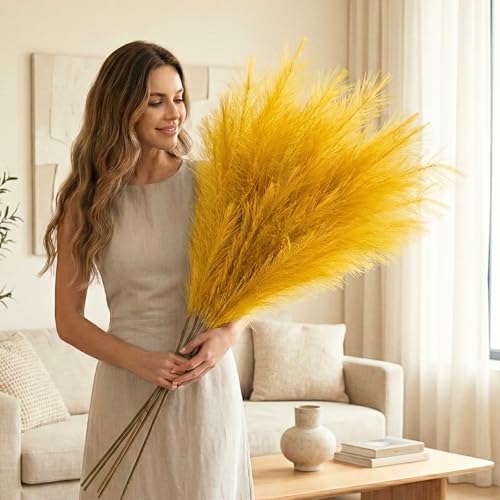 RyddeligHome Gold Pampas Grass Decor, 3 Stems x 115cm/45in | Faux Pampas Grass Tall Large Fluffy, Gold Feathers Floral Picks, Living Room Holiday Decor, Home Accent Decor