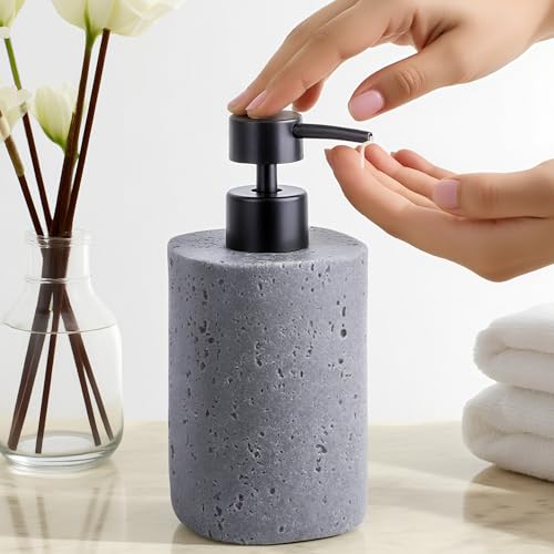 Clasin Home 2 Pack Gray Resin Soap Dispensers, Refillable Liquid Lotion Dispenser Bottles with Travertine-Look for Bathroom and Kitchen Countertop, Modern Stone Texture (10.8 oz) - color: Gray
