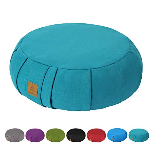 Round Zafu Meditation Cushion D=16" H=5.5" Zabuton Meditation Pillow Yoga Bolster Yoga Pillow Floor seat Zippered Organic Cotton Cover Natural Buckwheat kneeling pillow-Large - color: Cyan Blue