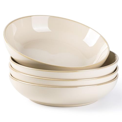 AmorArc 8.5’’ Ceramic Pasta Bowls Set of 4, 36oz Large Stoneware Bowls Set | Large Dinner Serving Bowls Set, Wide Bowl Plate for Pasta,Salad, Soup, Microwave Safe, Reactive Glaze - color: Vanilla White, size: Set of 4