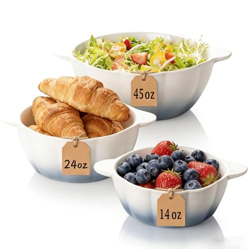 14/24/45 Oz Soup Bowls, Ceramic Kitchen Bowls for Fruit, Snack, Cooking, Baking, Prepping etc, Ramekins Oven Safe, Serving Bowls with Handles, Food Storage Containers Set of 3 - color: White Blue, size: 3 Piece Set