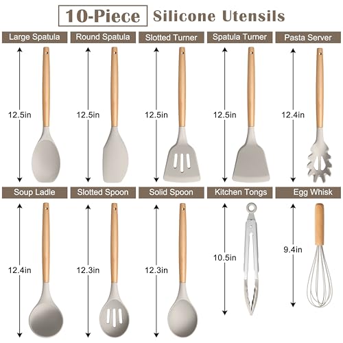 E-far Silicone Cooking Utensils Set, 10-Piece Heat Resistant Kitchen Utensils Set with Wooden Handle for Nonstick Cookware, Kitchen Nonstick Tools Spatula Whisk Tongs Ladle, Non-toxic & Healthy(Khaki) - color: Khaki, size: 10