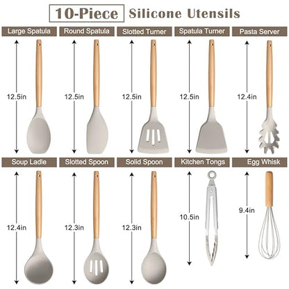 E-far Silicone Cooking Utensils Set, 10-Piece Heat Resistant Kitchen Utensils Set with Wooden Handle for Nonstick Cookware, Kitchen Nonstick Tools Spatula Whisk Tongs Ladle, Non-toxic & Healthy(Khaki) - color: Khaki, size: 10