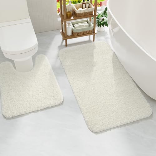 Ivory Bathroom Rug Set 2 Piece Bath Mat 21x34'' &U Shape Toilet Rug 21x21'' | Absorbent,Washable,Non Slip Bathroom Rugs Sets,Contour Mat for Toilet - color: Ivory