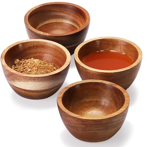 Acacia Wooden Bowls Set, Small Pinch Bowls for Sauces/Dips/Condiments, Mini Serving Bowls for Snacks/Appetizers/Side Dishes/Charcuterie Board, 3 oz Wooden Ramekins, Handmade Reusable, 4 pcs - size: D 3.15'' x H 1.57''