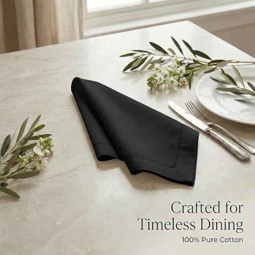 Urban Villa Hemstitch Cloth Dinner Napkins Cotton 20”x20” (Set of 12)-Black - color: 014 Black - Hemstitch, size: 20" x 20" (Set of 12)