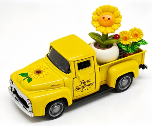 Sunflower Farmhouse Metal Truck Decor Load with Flower Figurines | Sunflower Kitchen & Tiered Tray & Shelf Decor Spring Summer Fall Decorations for Home Vintage Truck Table Centerpiece Gifts - color: Sunflower-yellow