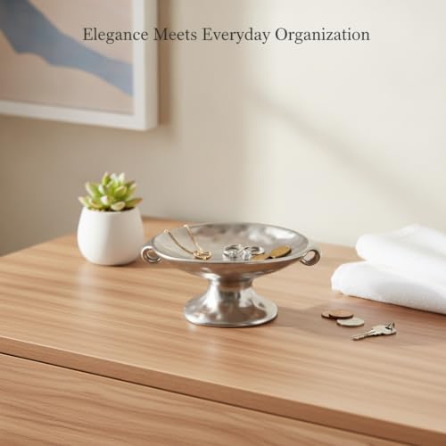 Glazed Ceramic Jewelry Tray for Vanity, Dresser, or Entryway Organization - Silver