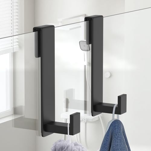 HUFEEOH 2-Pack Shower Towel Hooks, Stainless Steel 7.5-Inch Extended Over Door Hooks for Frameless Glass Shower Door, Heavy Duty Towel Rack for Bathroom, Holds Robes & Towels, Black - color: Black, size: Fits 3/8" Thick Door - "L" Shape 2 Pack