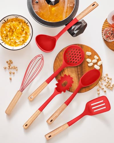 Kitchen Utensils Set, 13PCS Silicone Cooking Utensils, Heat Resistant Kitchen Utensil Spatula Set for Nonstick Cookware, Wooden Handles Kitchen Gadgets Tools Set (RED) - color: Red