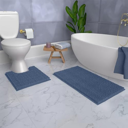 LuxUrux Bathroom Rugs Sets 2 Piece: Quick Dry, Soft Plush Anti-Slip, Super Absorbent. Includes Rectangular (31x20 inches) & U-Shaped Toilet Mat (20x20 inches) | Medium Blue - color: Medium Blue, size: 2 Piece Set
