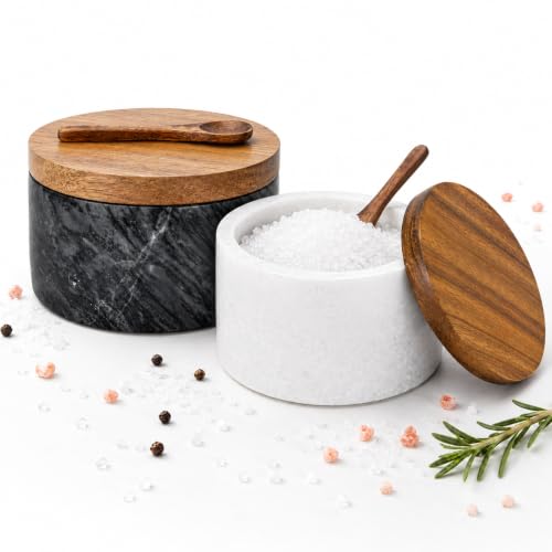 Marble Salt Cellar with Lid & Spoon, Salt Container White & Grey | Acacia Wood Lid, Wide Base with Non-Skid Feet, Moisture Proof Spice Cellars Keeps Salt, Pepper & Spices Dry, 6 oz - color: White & Grey