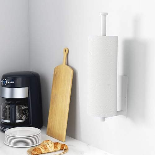 Paper Towel Holder,Self-Adhesive or Drilling， White, 1 Pack | SUS304 Stainless Steel,Kitchen Roll Dispenser Under Cabinet，Wall Mounted Rack - color: White