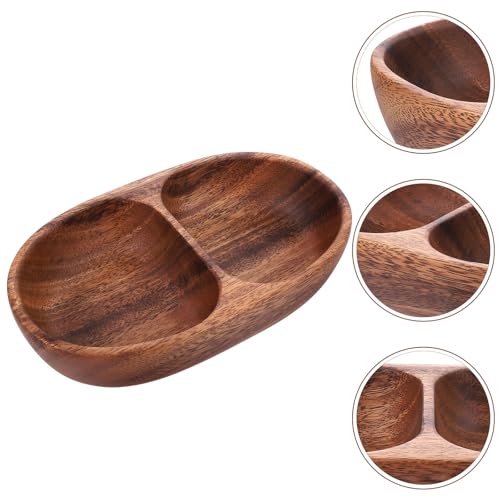 FUOYLOO Divided wood snack and fruit serving bowl, double compartment candy plate, salad bowl container, versatile wooden appetizer tray