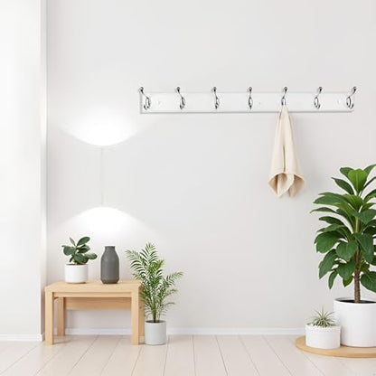 Wood Wall Mounted Coat Rack 32 inch (80cm) with 7 Silver Hooks, Lang Wooden White Wall Coat Hook Rack for Entrance, Hallway, Bedroom, White Wall Clothes Hanger - size: Long-31.5in(80cm),7 Silver Hooks, style: Modern