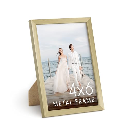 HAUS AND HUES 4x6 Gold Picture Frame - Modern Brush Finish - Lightweight 4x6 Frame for Photos, Posters, Prints - Vertical Hanging & Tabletop Display - color: Gold Metal, size: 4x6 in, style: Set of 01
