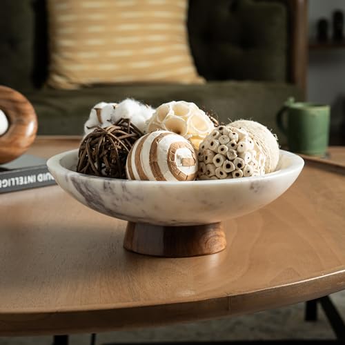 Cork & Mill Marble Decorative Bowl with Acacia Wood Pedestal, 11 Inch | Handcrafted Natural Stone Fruit Bowl for Kitchen, Potpourri, Catch All for Entryway, Dining Table Centerpiece Decor