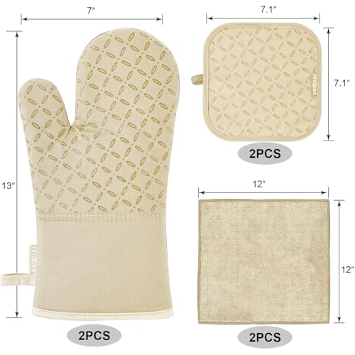 KEGOUU Oven Mitts and Pot Holders 6pcs Set, Kitchen Oven Glove High Heat Resistant 500 Degree Extra Long Oven Mitts and Potholder with Non-Slip Silicone Surface for Cooking (Beige) - color: Beige
