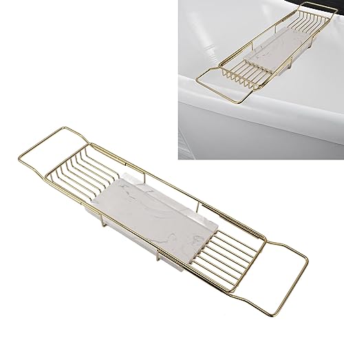 Marhynchus Metal Marble Bathtub Rack, Bathtub Caddy Tray Stainless Steel Shower Caddy Tray with Extending Sides, Bathroom Trays (Gold White) - size: Gold White
