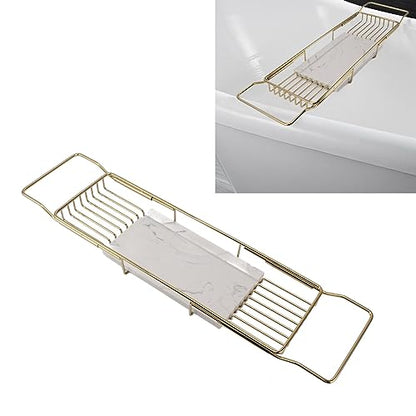 Marhynchus Metal Marble Bathtub Rack, Bathtub Caddy Tray Stainless Steel Shower Caddy Tray with Extending Sides, Bathroom Trays (Gold White) - size: Gold White