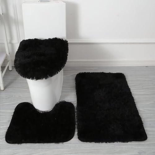 Black Bathroom Rugs Sets 3Piece Bath Mat Solid Bath Rug Floor Mats Washable Shower Rug with U-Shaped Contour Rug Toilet Lid Cover - color: Black, size: Set of 3