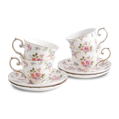 Agyiuns tea cups and saucers ceramic coffee mug 6oz set of 4 for Latte, Cafe Mocha, white with flowers - color: White and small floral-set of 4