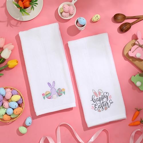 Easter Hand Towels 100% Cotton Embroidered Happy Easter Bunny Decorative Bathroom Kitchen Dish Towels Set Gift Set of 2 14x29 inch - color: Est.gnome