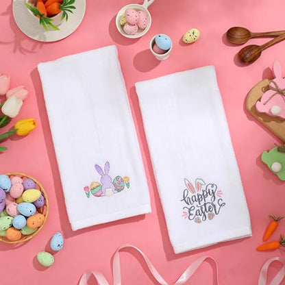 Easter Hand Towels 100% Cotton Embroidered Happy Easter Bunny Decorative Bathroom Kitchen Dish Towels Set Gift Set of 2 14x29 inch - color: Est.gnome
