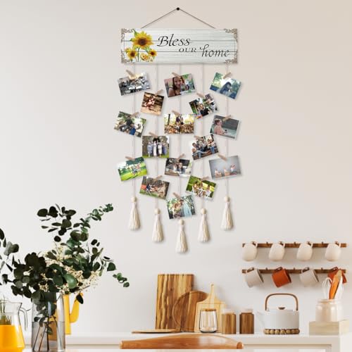 Bless Our Home Family Photo Hanging Display Board with 16 Clips, Rustic Wood Picture Collage Frame with Tassels Farmhouse Wall Decor - color: Bless Our Home
