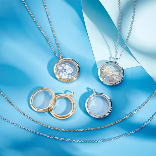 4pcs Photo Locket Charms Necklace Round Stainless Steel Locket Pendants Crystal Double-Sided Picture Frame Memory Locket Charm with 17.7inch Chain for Wedding Jewellery Making Photo - color: Silver and Gold