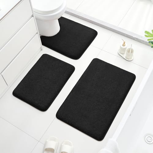 HOMEIDEAS Upgraded Bathroom Rugs Set 3 Piece, Ultra Soft Memory Foam Bath Mats, Super Absorbent Non Slip Washable U-Shaped Toilet Bath Rug (Black, 17"x24"+20"x32"+U-Shaped 20"x24") - color: Black