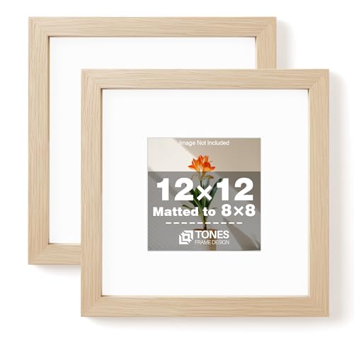 TONES FRAME DESIGN 12x12 Frame Set of 2 Natural Wood Square 12x12 Frames with 8x8 mat, Art Decor Wooden 12 x 12 Picture Frames with Shatterproof Plexiglass for Tabletop Wall Mounting Display, 2 Pack - color: Natural, size: 12X12