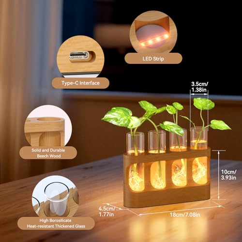 Plant Propagation Station with Wooden Stand, Gardening Gifts for Mom Women Plant Lovers, 9-Level Dimmable LED Light 4 Glass Test Tubes Vases for Hydroponic Plants - Desktop Terrarium for Desk Decor - size: With Light